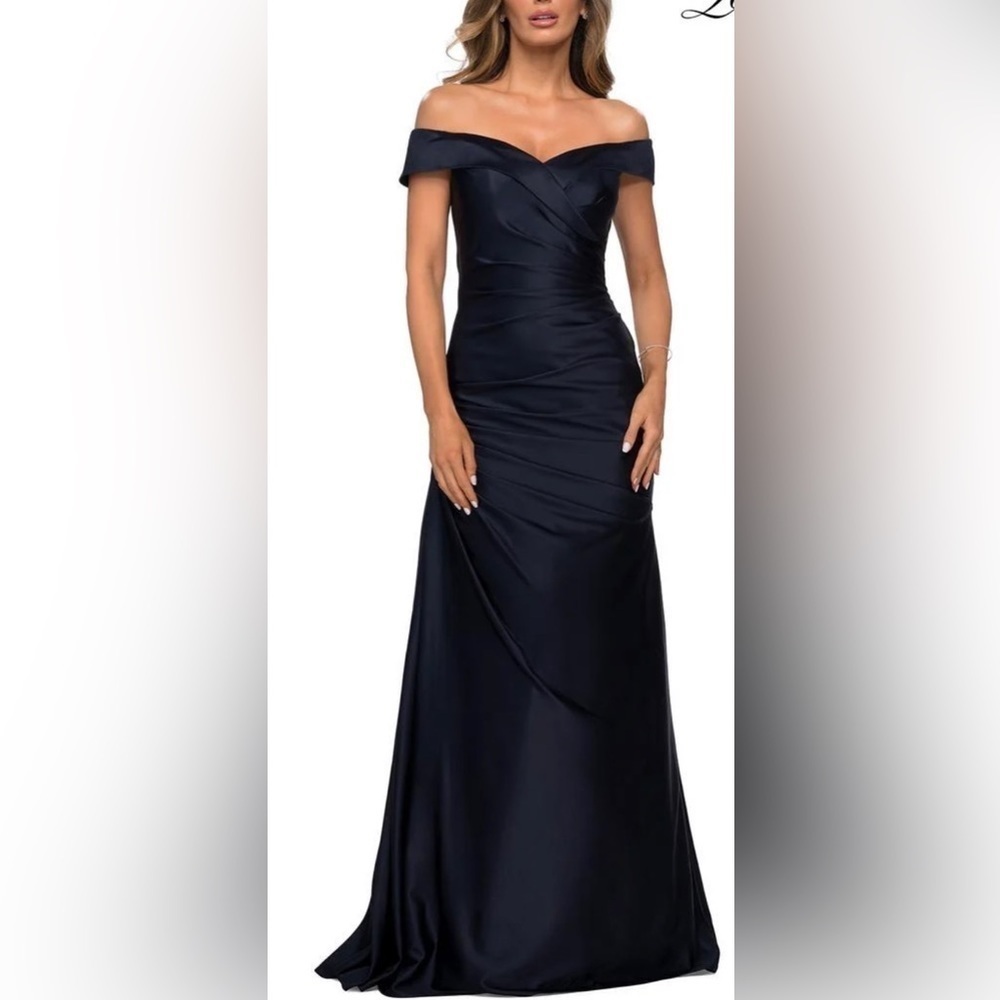 La Femme Navy One-Shoulder Satin Evening Gown